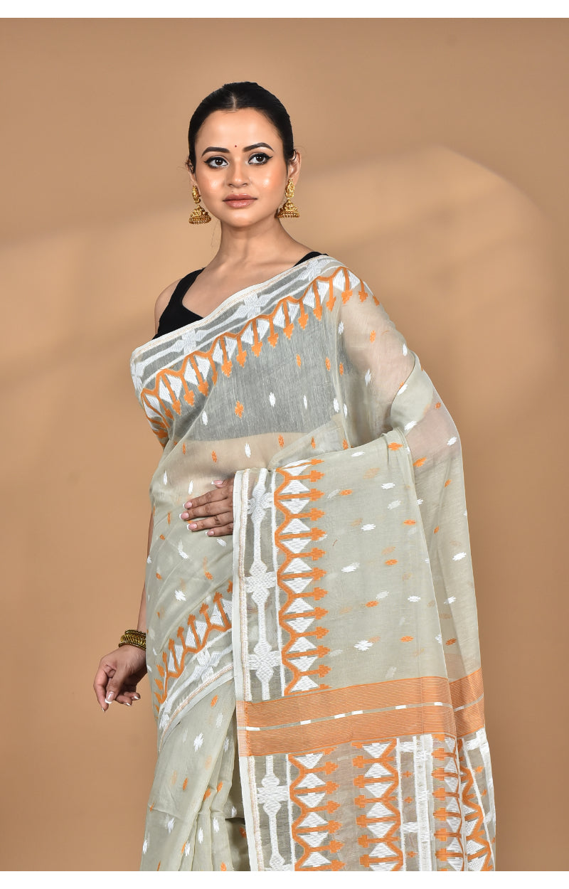 Morchari Pure Cotton Dhakai Jamdani Handloom Saree-Beige