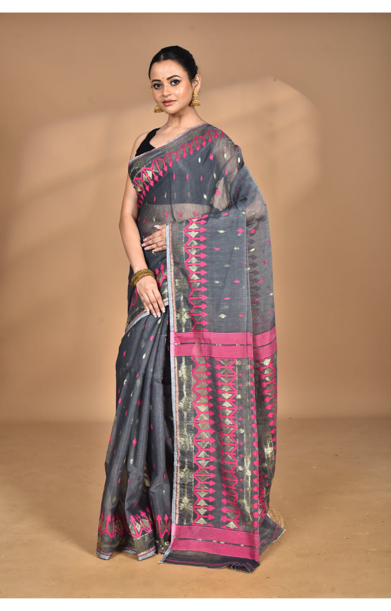 Morchari Pure Cotton Dhakai Jamdani Handloom Saree-Grey
