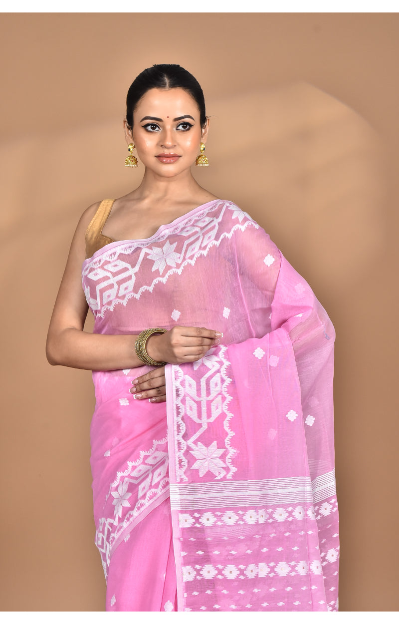 Morchari Pure Cotton Dhakai Jamdani Handloom Saree-Pink