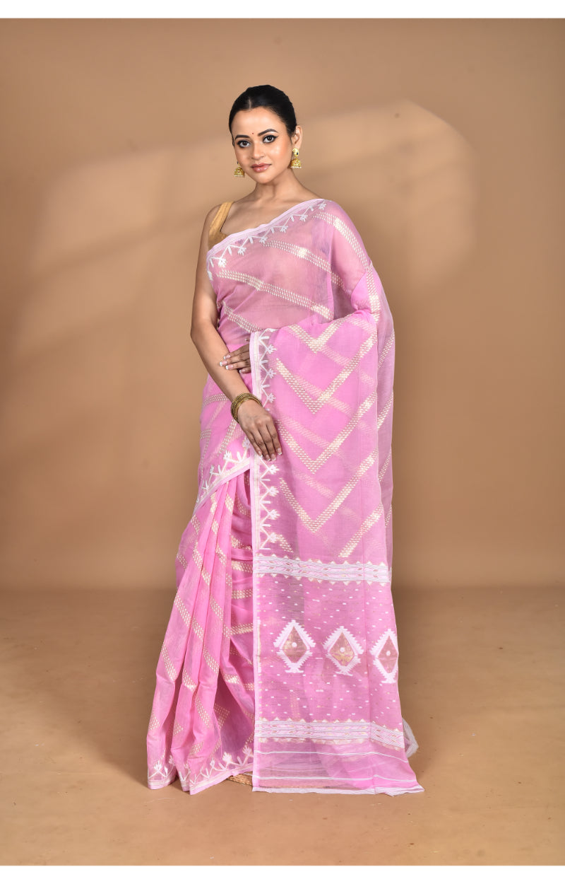 Morchari Pure Cotton Dhakai Jamdani Handloom Saree-Pink