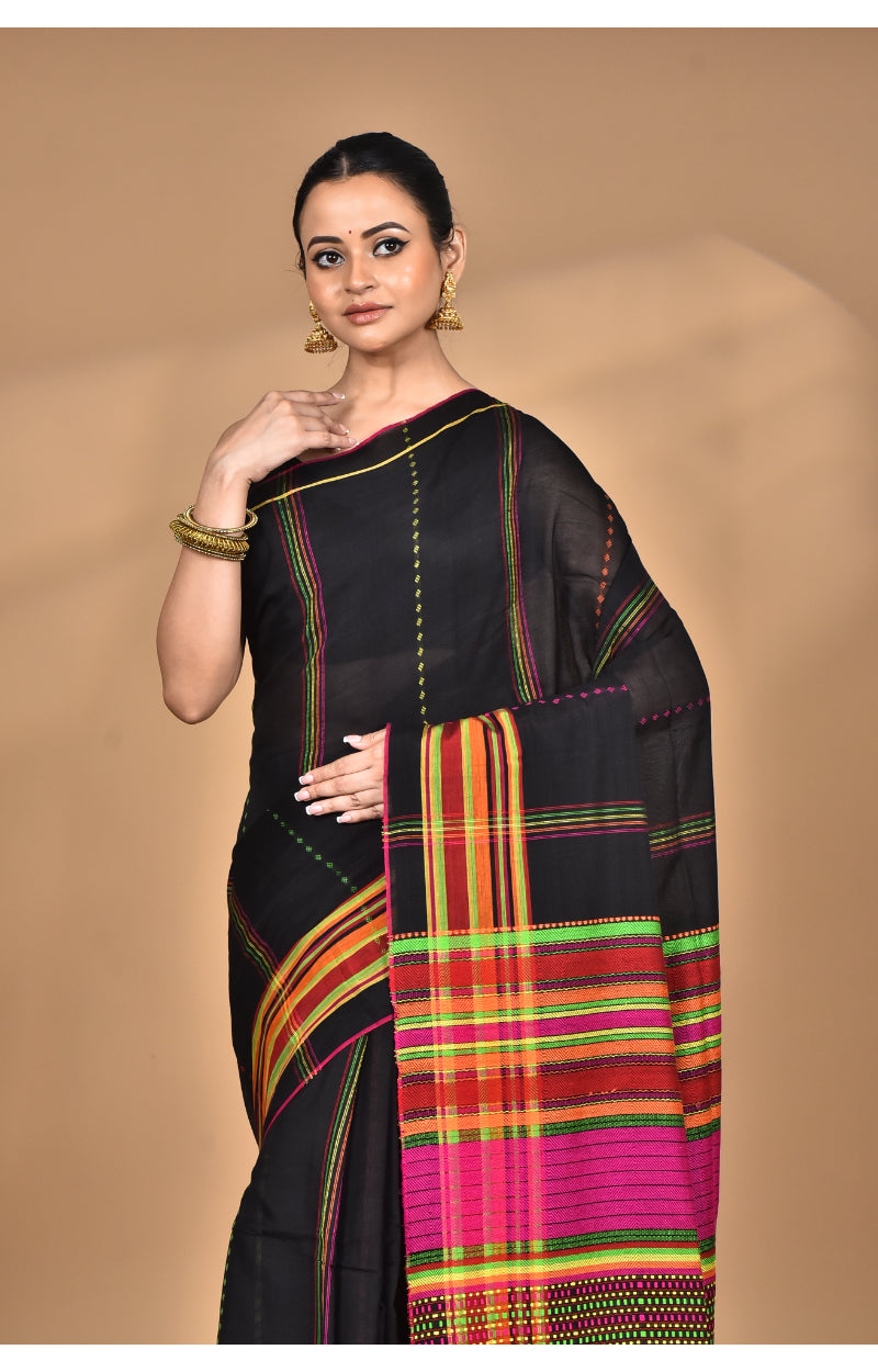 Morchari Pure Cotton Dhakai Jamdani Handloom Saree-Black