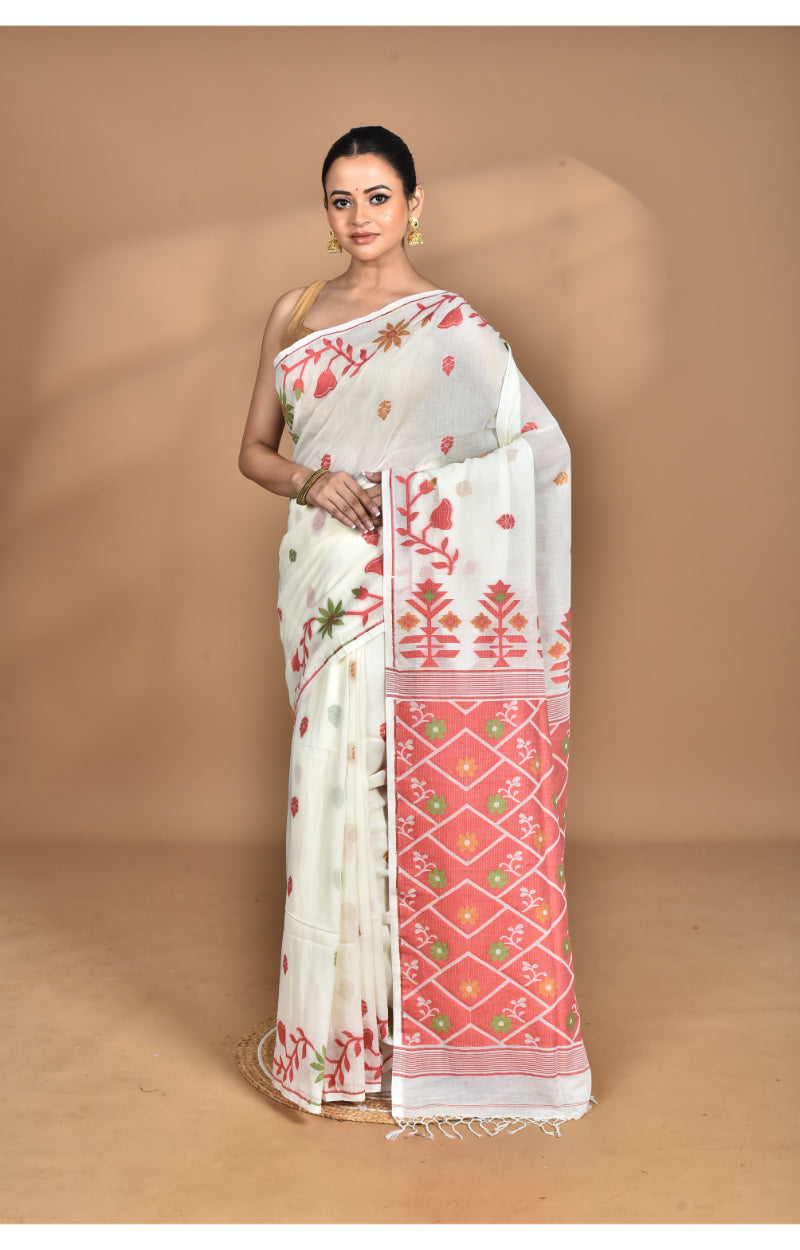 Morchari Pure Cotton Dhakai Jamdani Handloom Saree-Off White