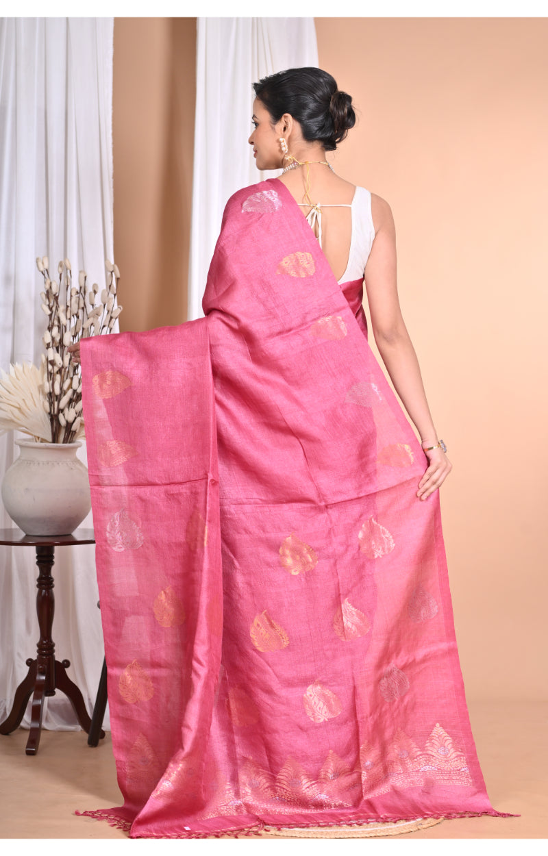Morchari Pure Tussar Silk Handloom Saree-Pink