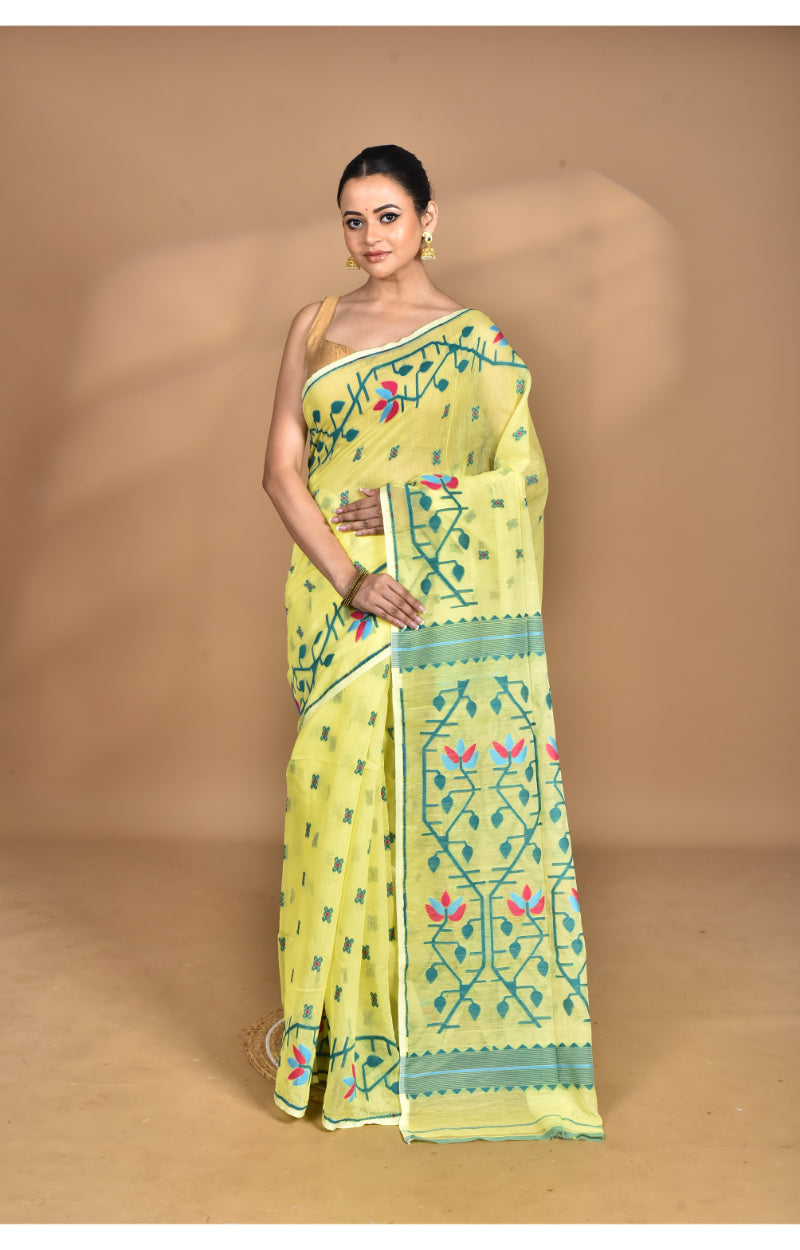 Morchari Pure Cotton Dhakai Jamdani Handloom Saree-Yellow