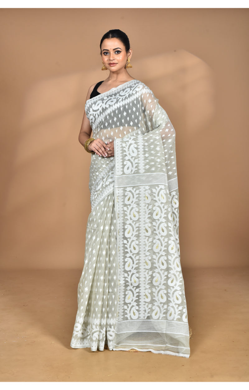 Morchari Pure Cotton Dhakai Jamdani Handloom Saree-Grey