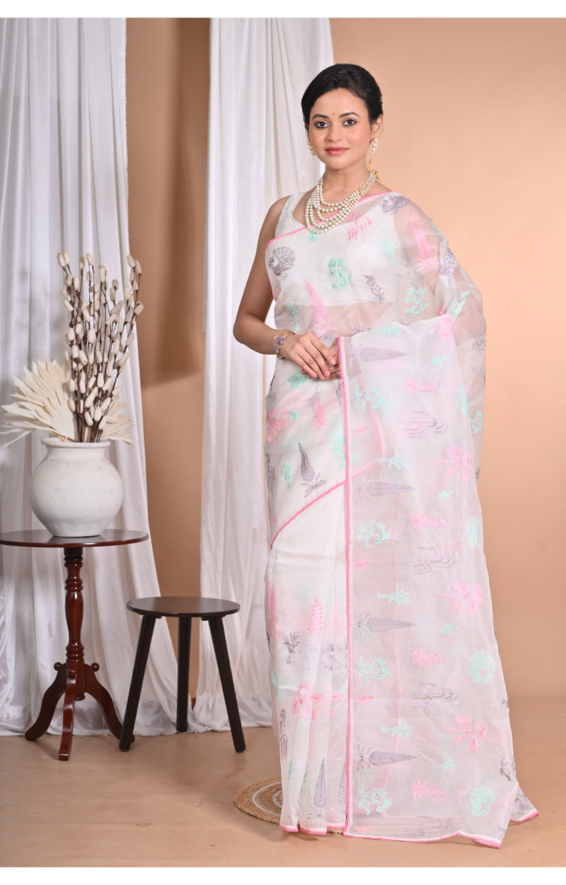 Morchari Pure Orzanga Tread Work Saree-Off White