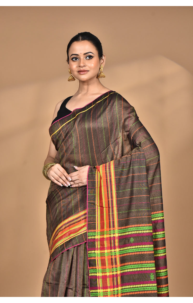 Morchari Pure Cotton Dhakai Jamdani Handloom Saree-Coffee Brown
