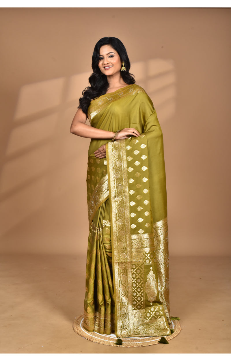 Morchari Heavy Kolhapuri Stone Work Saree-Mehendi