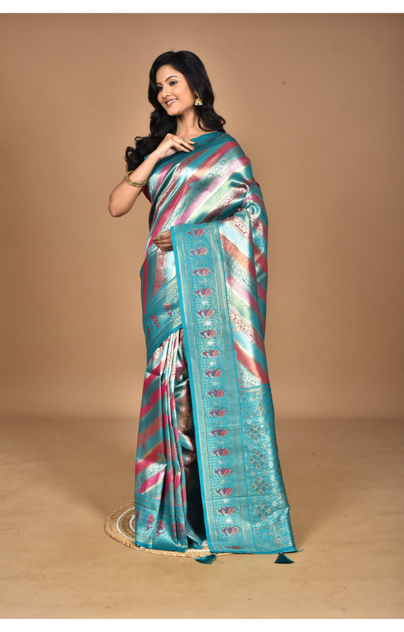 Morchari Ethnic Motifs Silk Blend Dharmavaram Saree-Green
