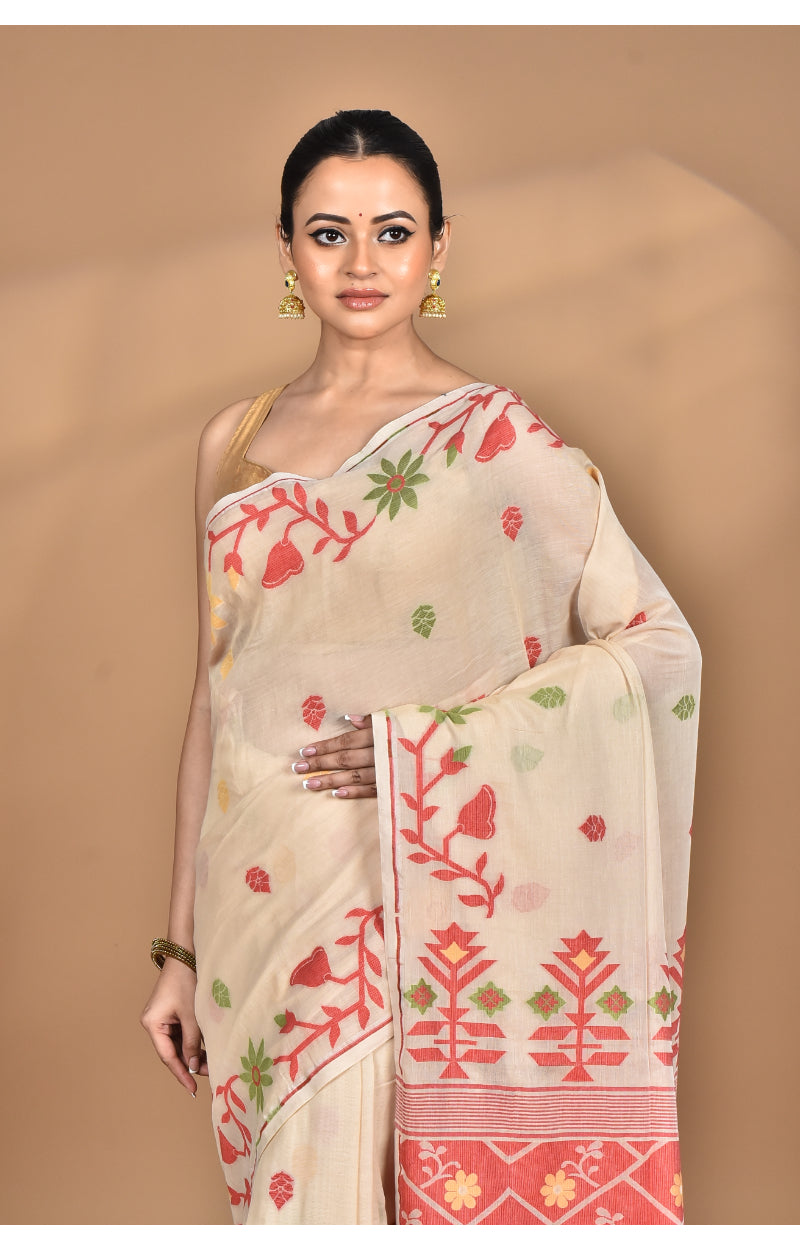 Morchari Pure Cotton Dhakai Jamdani Handloom Saree-Cream