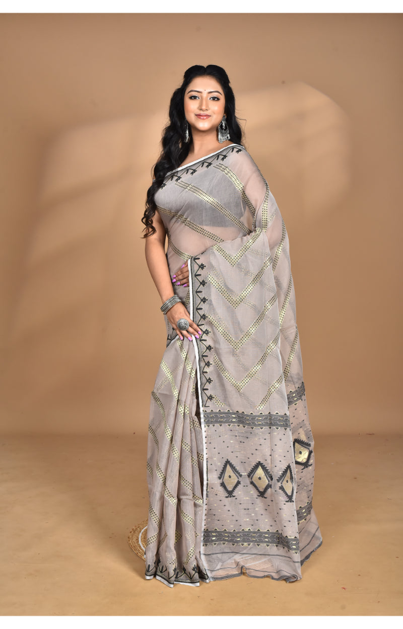 Morchari Pure Cotton Dhakai Jamdani Handloom Saree-Beige