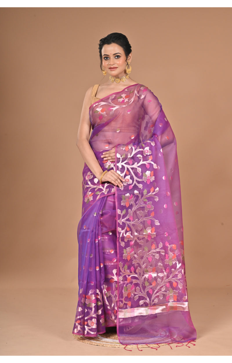 Morchari Semi Orzanga Jamdani Silk Saree-Purple