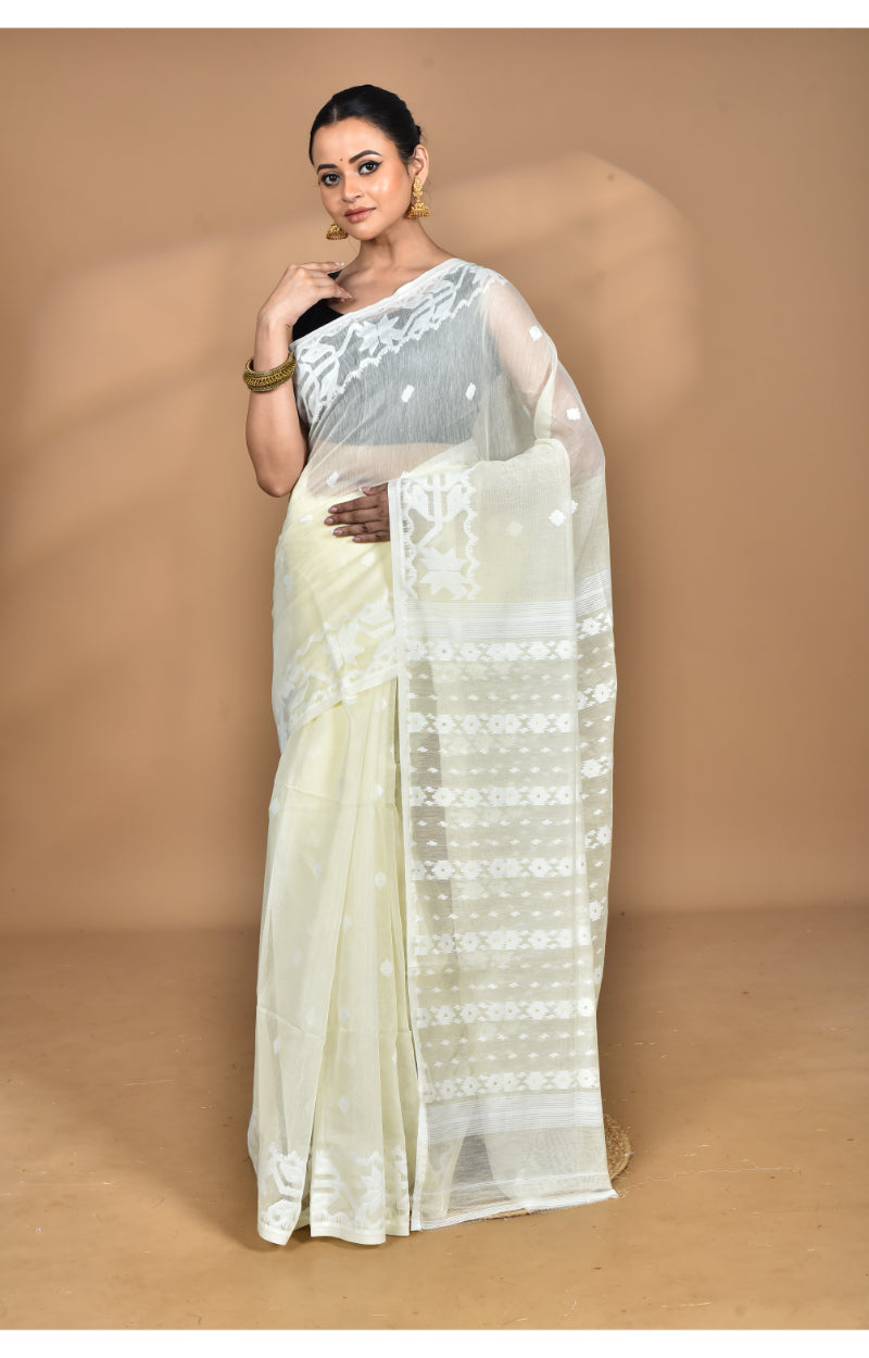 Morchari Pure Cotton Dhakai Jamdani Handloom Saree-Cream