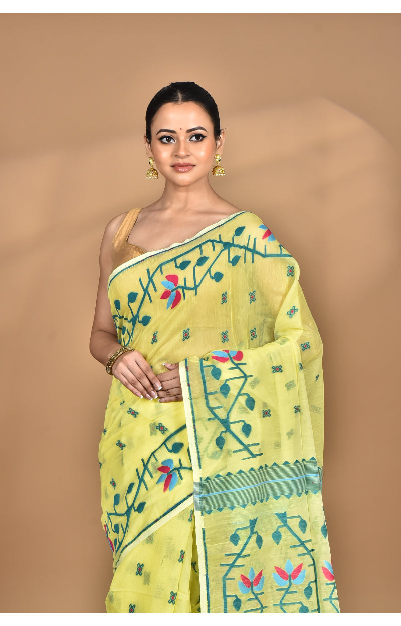 Morchari Pure Cotton Dhakai Jamdani Handloom Saree-Yellow