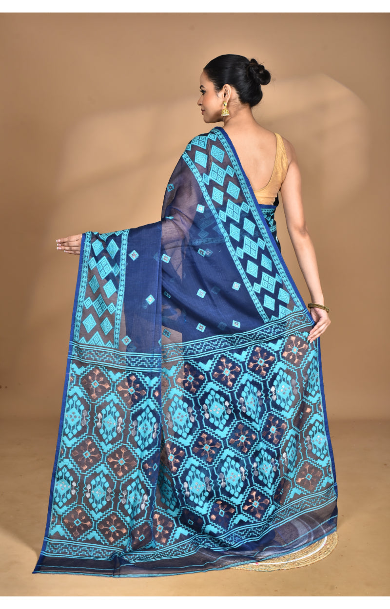 Morchari Pure Cotton Dhakai Jamdani Handloom Saree-Blue