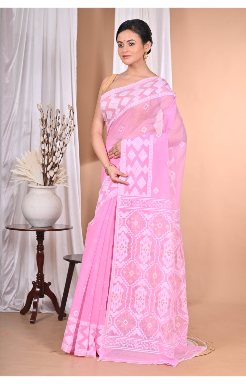 Morchari Pure Cotton Dhakai Jamdani Handloom Saree-Pink