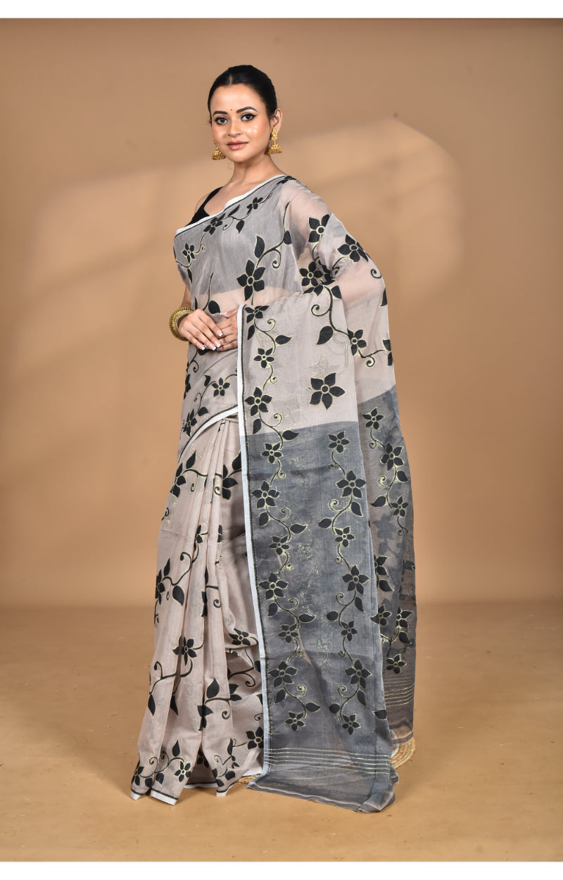 Morchari Pure Cotton Dhakai Jamdani Handloom Saree-Beige