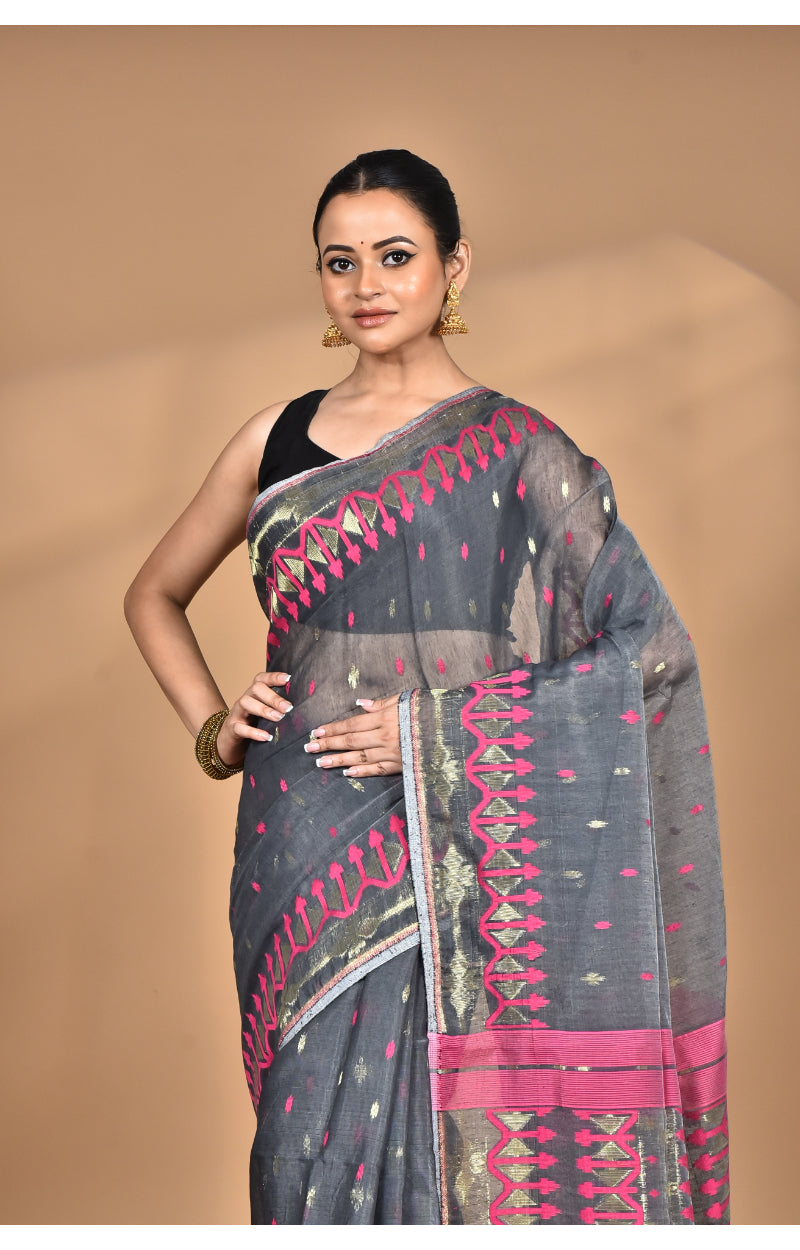 Morchari Pure Cotton Dhakai Jamdani Handloom Saree-Grey
