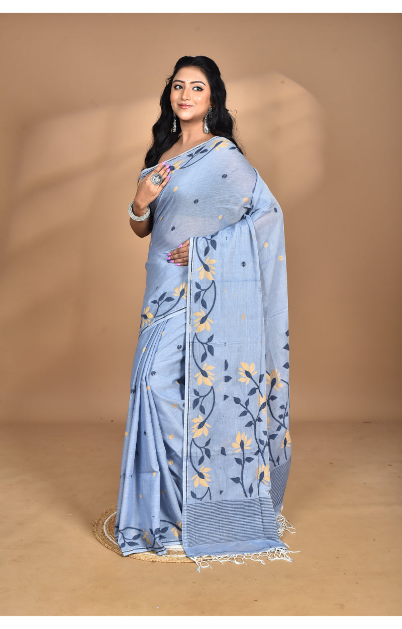 Morchari Pure Cotton Dhakai Jamdani Handloom Saree-Grey