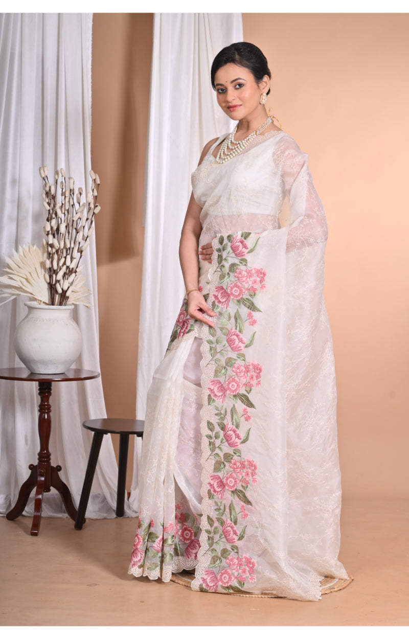 Morchari Pure Orzanga Tread Work Saree-Off White