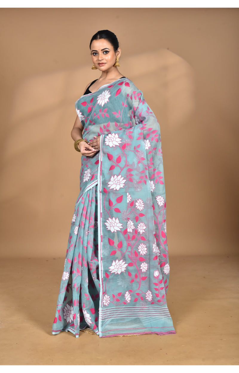 Morchari Pure Cotton Dhakai Jamdani Handloom Saree-Blue