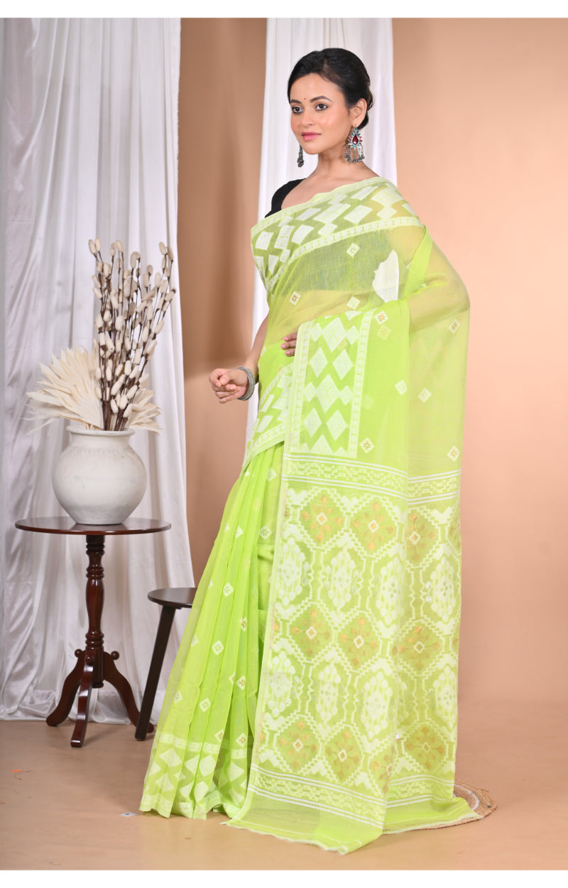Morchari Pure Cotton Dhakai Jamdani Handloom Saree-Green