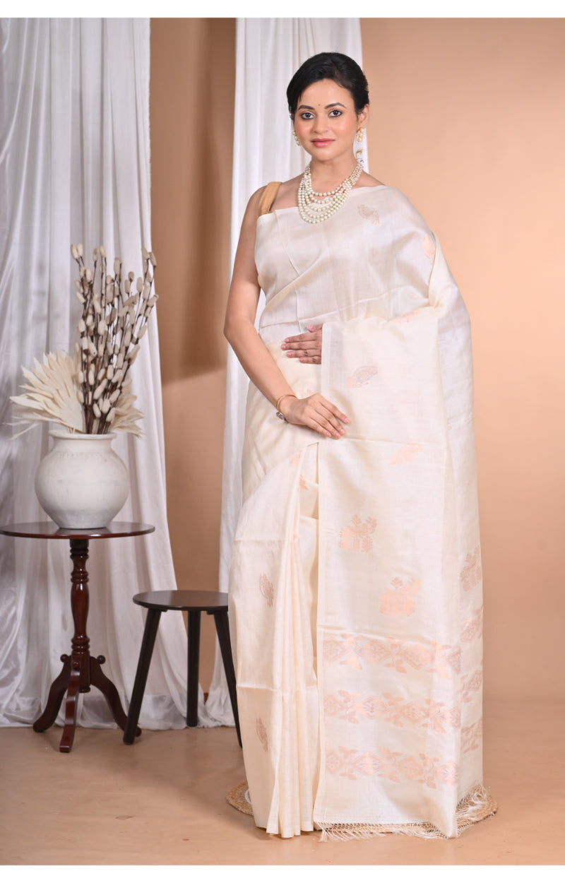 Morchari Pure Tussar Silk Handloom Saree-Cream