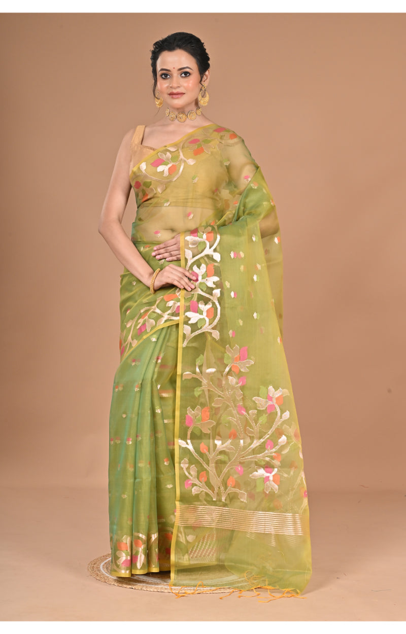 Morchari Heavy Jamdani Silk Orzanga Saree-Green