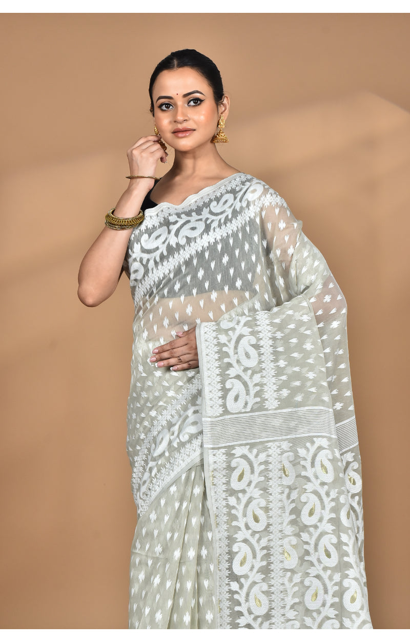 Morchari Pure Cotton Dhakai Jamdani Handloom Saree-Grey