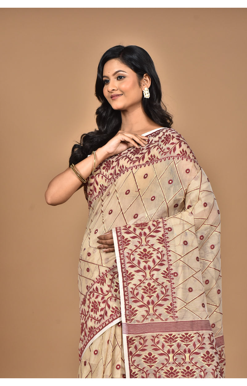 Morchari Pure Cotton Dhakai Jamdani Handloom Saree-Beige