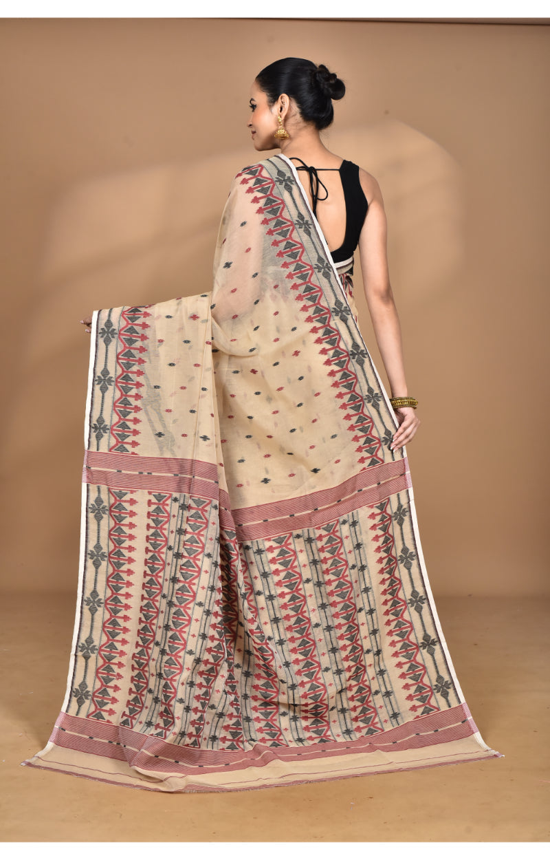 Morchari Pure Cotton Dhakai Jamdani Handloom Saree-Beige