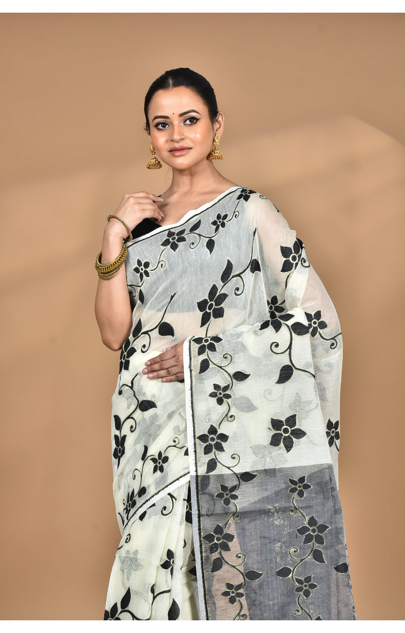 Morchari Pure Cotton Dhakai Jamdani Handloom Saree-Cream
