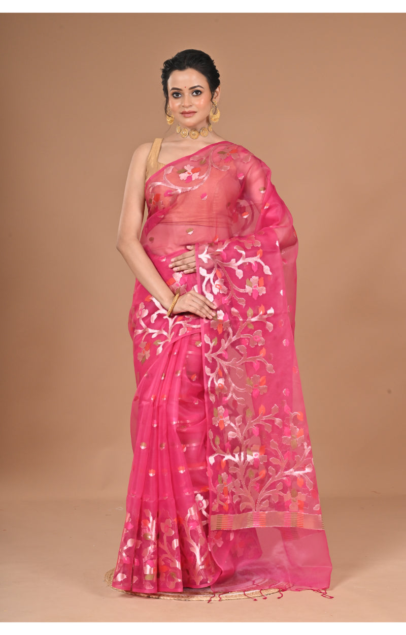 Morchari Semi Orzanga Jamdani Silk Saree-Rani Pink