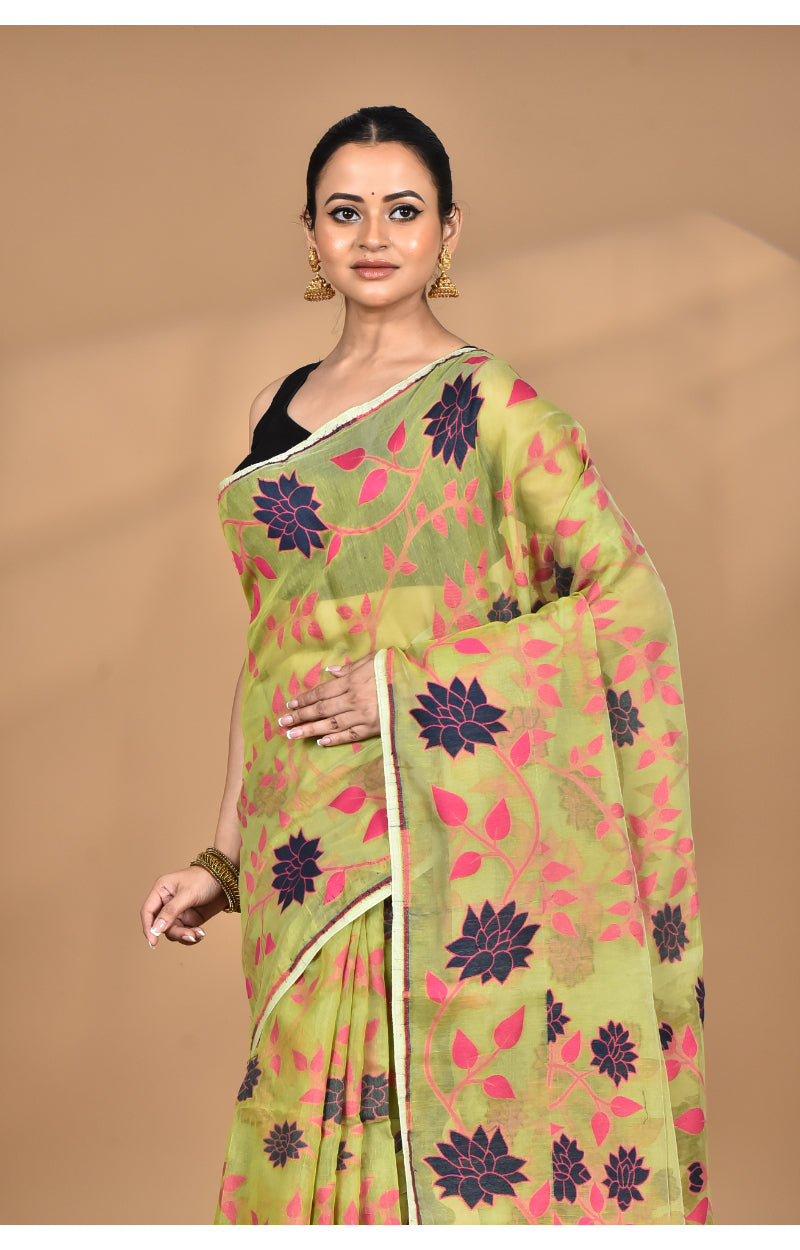 Morchari Pure Cotton Dhakai Jamdani Handloom Saree-Green
