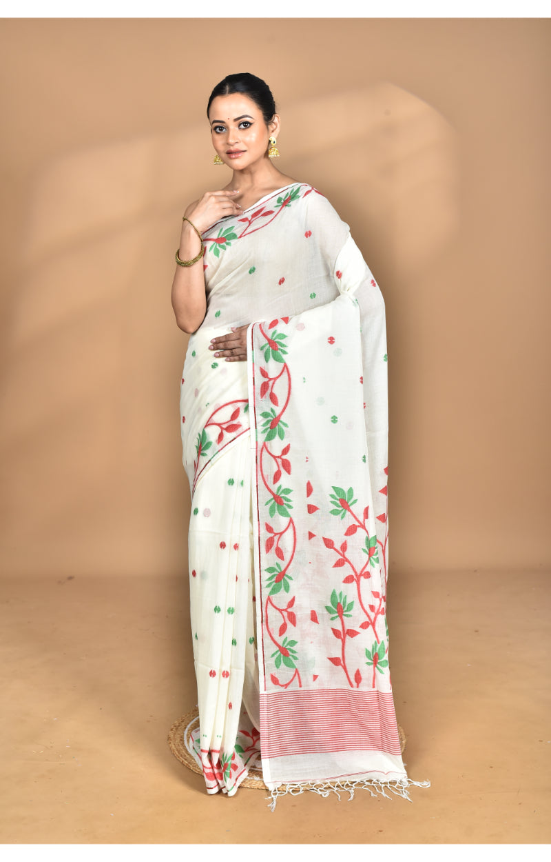 Morchari Pure Cotton Dhakai Jamdani Handloom Saree-Off White