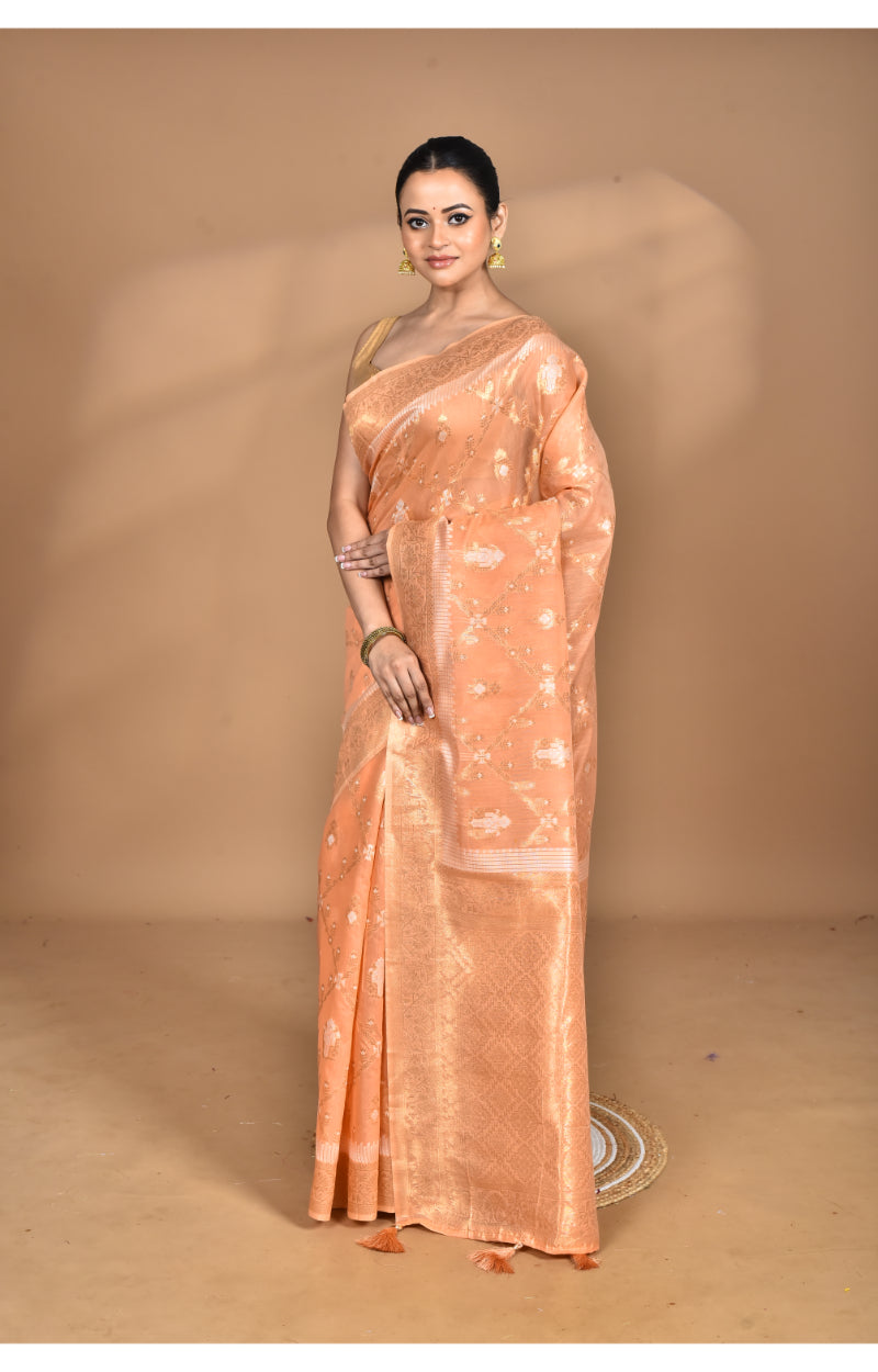 Morchari Banarasi Silk Chanderi Saree-Peach