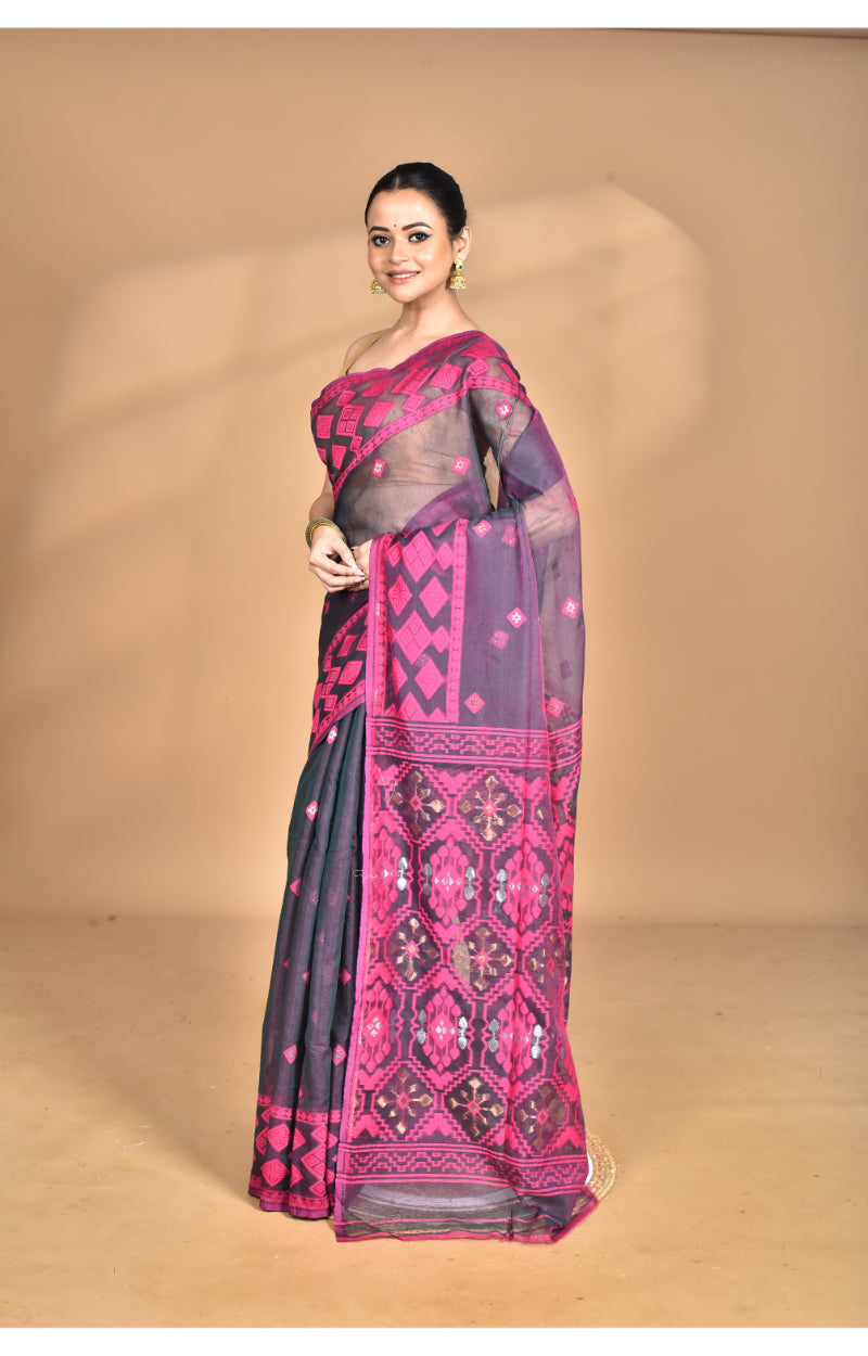 Morchari Pure Cotton Dhakai Jamdani Handloom Saree-Magenta