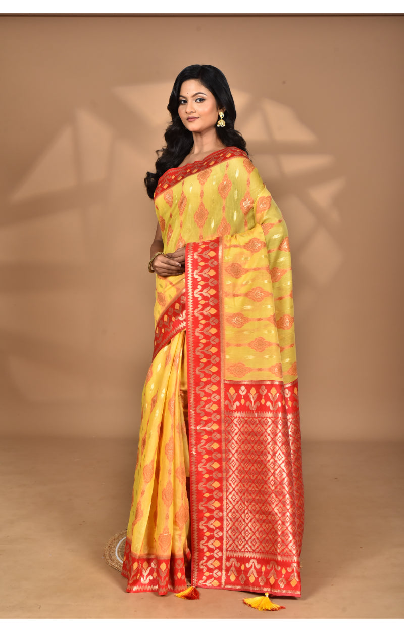 Morchari Women Desgin Kashmiri Silk Linen Saree-Yellow