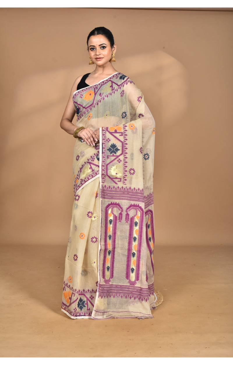Morchari Pure Cotton Dhakai Jamdani Handloom Saree-Beige