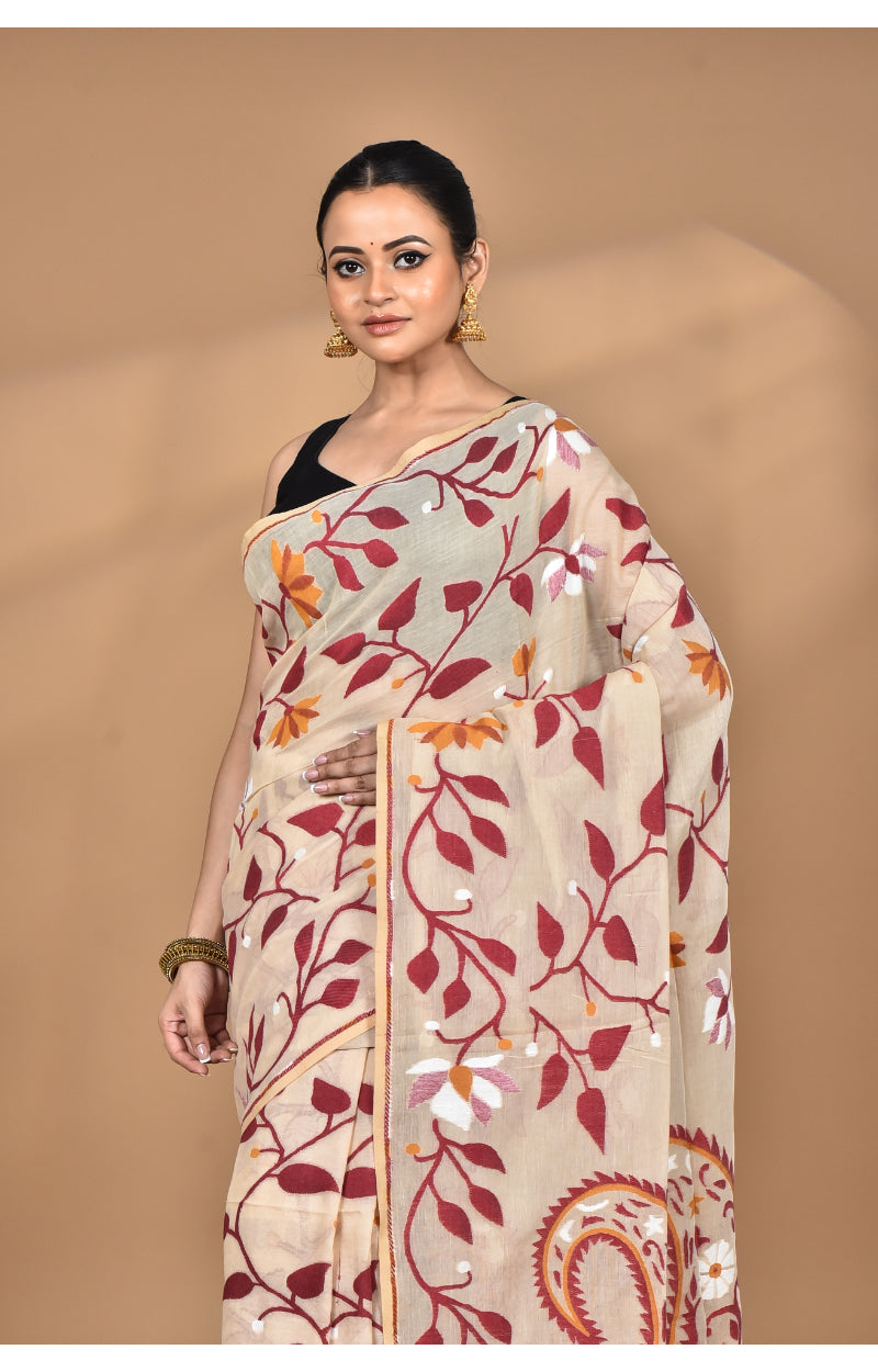 Morchari Pure Cotton Dhakai Jamdani Handloom Saree-Burlywood