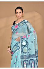 Morchari Pure Cotton Dhakai Jamdani Handloom Saree-Blue