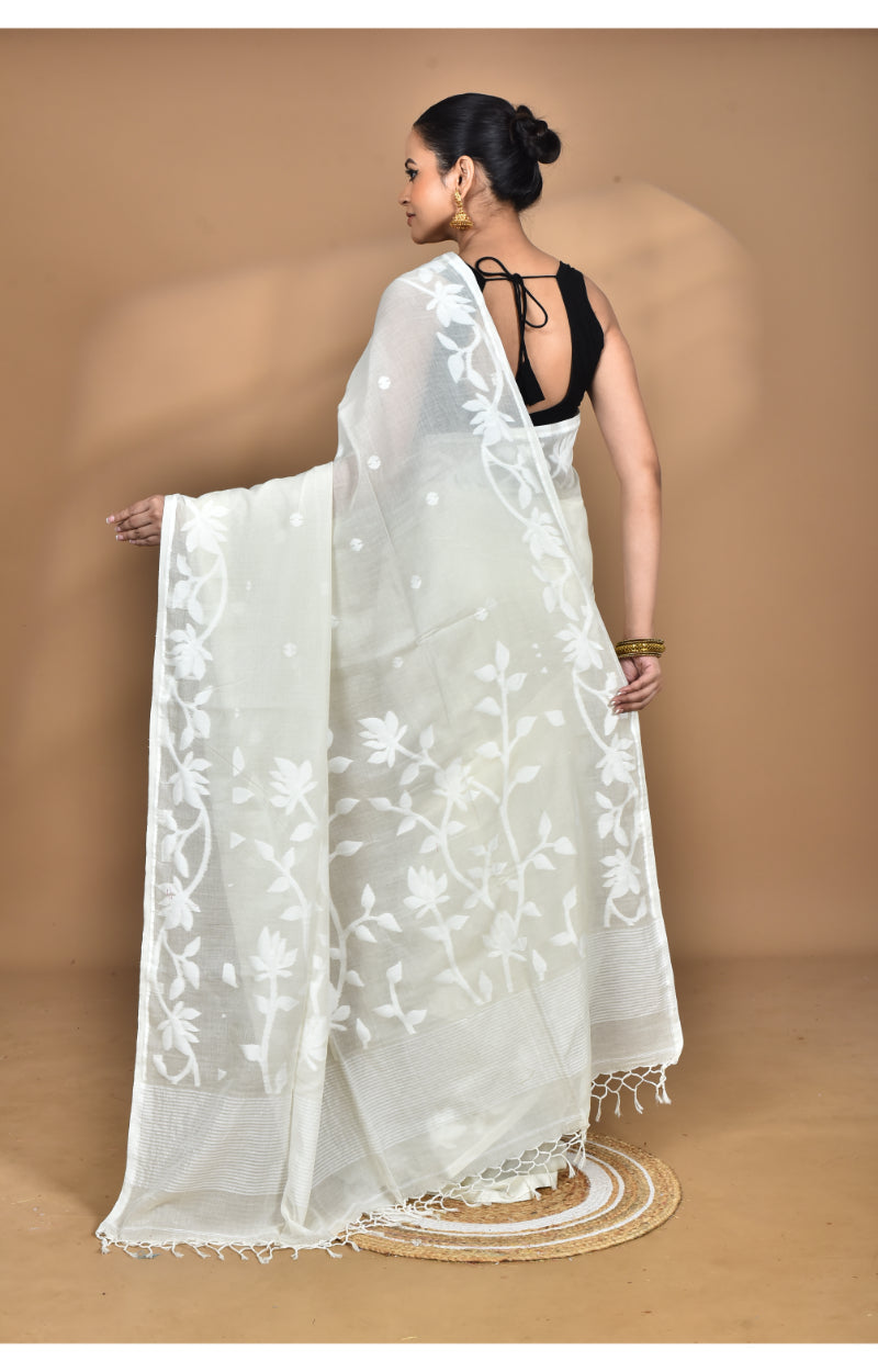 Morchari Pure Cotton Dhakai Jamdani Handloom Saree-Cream