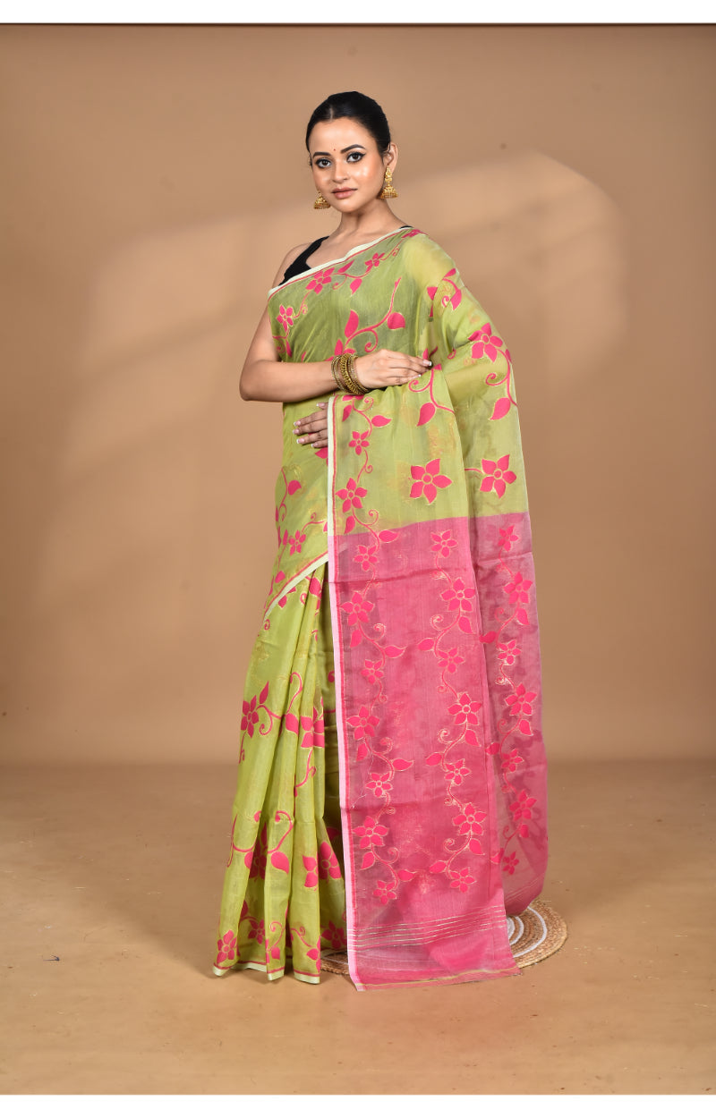 Morchari Pure Cotton Dhakai Jamdani Handloom Saree-Green