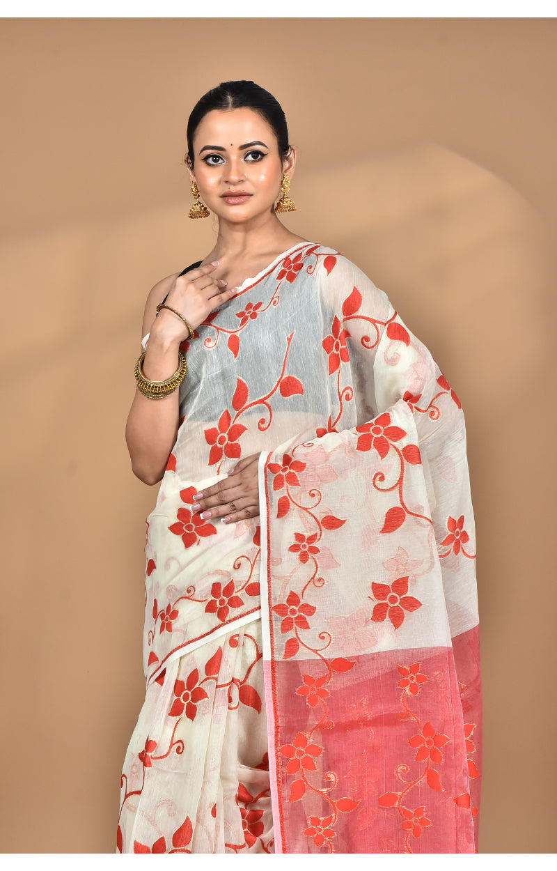Morchari Pure Cotton Dhakai Jamdani Handloom Saree-Off White