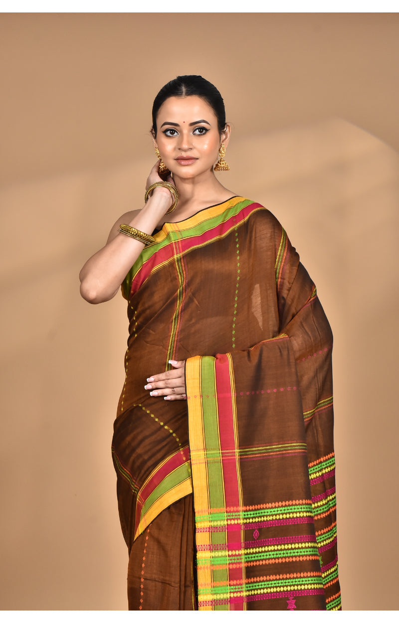 Morchari Pure Cotton Dhakai Jamdani Handloom Saree-Brown
