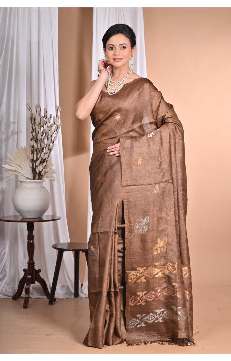 Morchari Pure Tussar Silk Handloom Saree-Coffee Brown