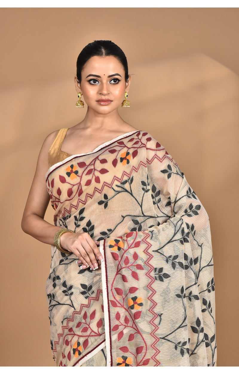 Morchari Pure Cotton Dhakai Jamdani Handloom Saree-Beige