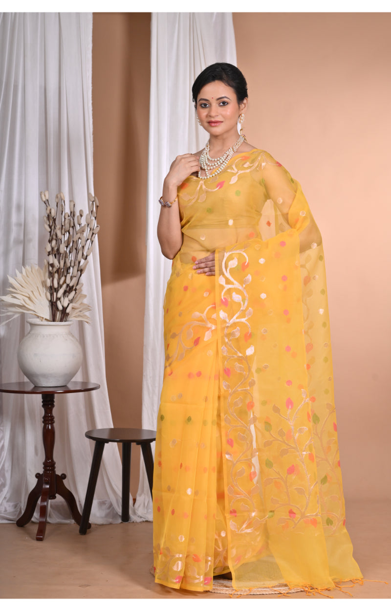 Morchari Heavy Jamdani Silk Orzanga Saree-Yellow