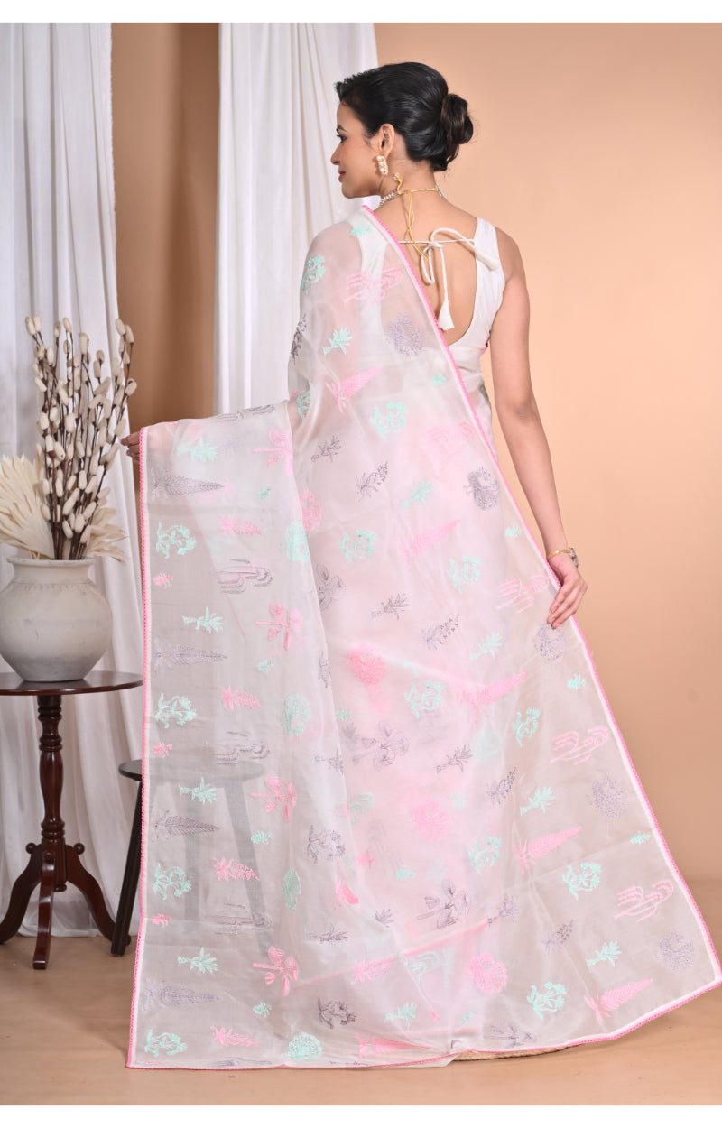 Morchari Pure Orzanga Tread Work Saree-Off White