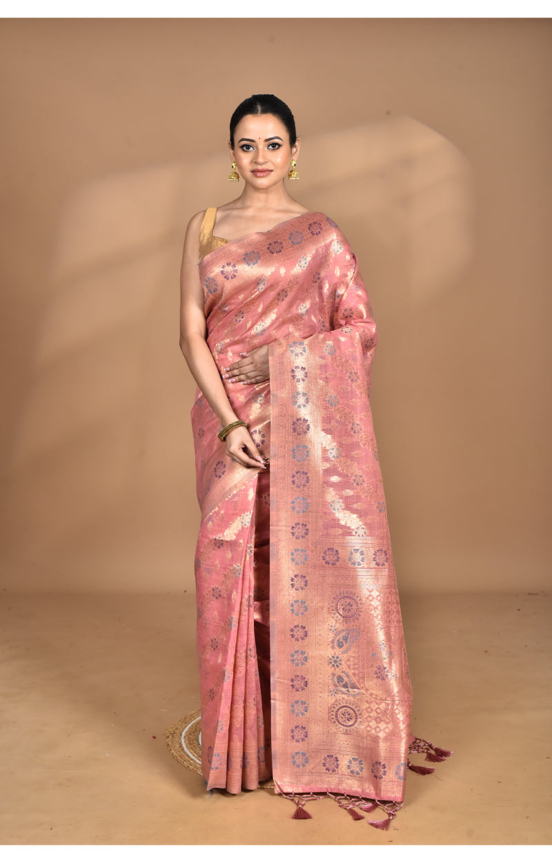 Morchari Banarasi Silk Chanderi Saree-Peach